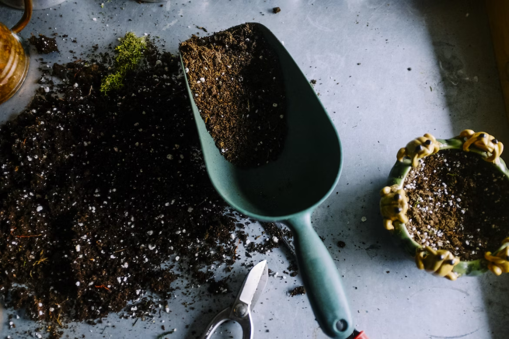 green metal garden shovel filled with brown soil
