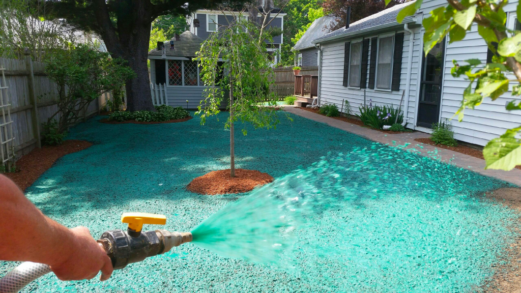 person watering lawn grasses