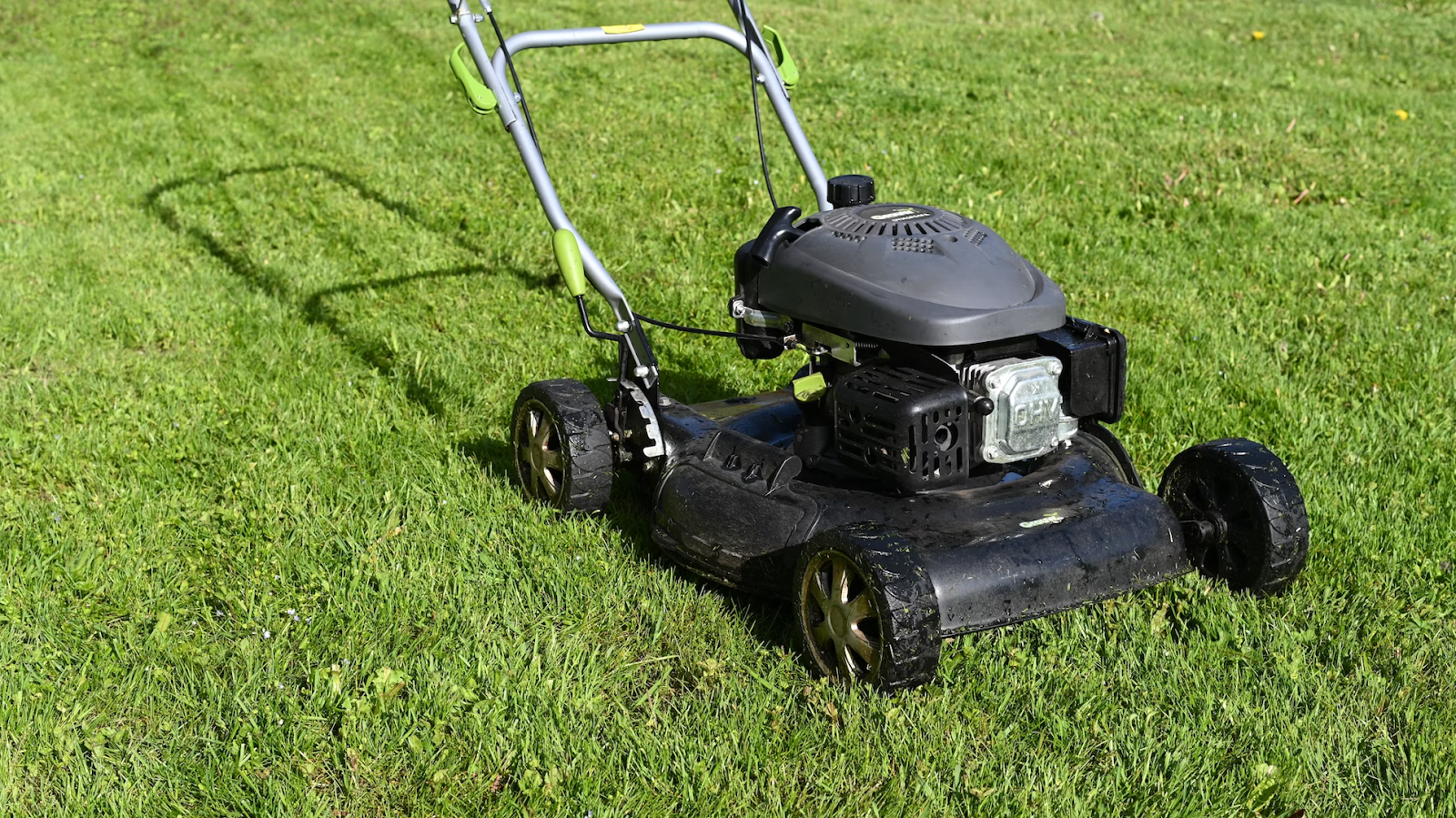 lawn mower in green lawn