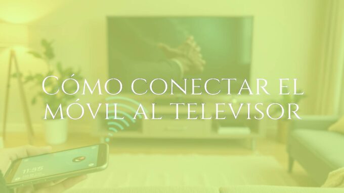 A smartphone connected to a flat-screen TV, wireless technology illustration, modern living room setting, cozy atmosphere.