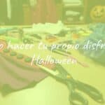 DIY Halloween costume creation, spooky yet creative atmosphere, colorful materials and scissors on a crafting table, warm lighting.