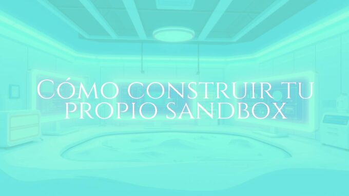 Digital sandbox environment with code and software windows, modern interface, blue and white colors, clean and safe lab aesthetic, illustrative style.