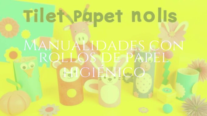 Colorful crafts made from toilet paper rolls, creative DIY projects, playful animals and decorations, bright and cheerful background, illustrative style.