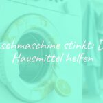 Dirty washing machine with a bad smell, home remedies like vinegar and lemon nearby, clean laundry hanging fresh, bright and clean kitchen background, realistic.